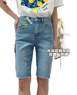 LiSuo利索春夏五分牛仔裤女韩版高腰修身显瘦小直筒水洗毛边中裤