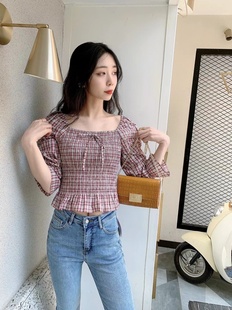 Lisuo利索法式方领收腰显瘦小衫女春秋季小个子修身百搭短款上衣