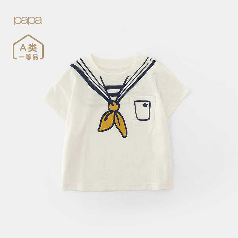 papa爬爬夏季男女童纯棉短袖海军风印花T恤宝宝休闲时尚百搭洋气