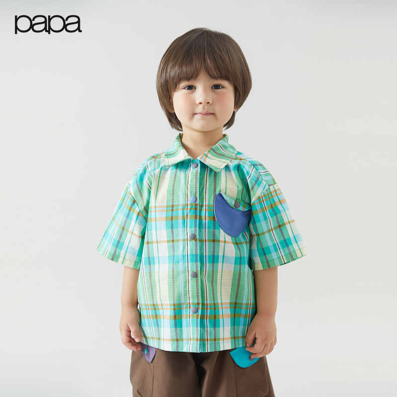 【新品】papa爬爬夏季儿童衬衫男童格纹撞色短袖衬衫小翻领休闲