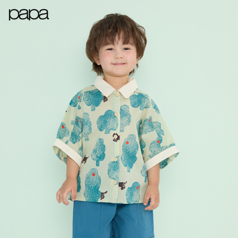 【商场同款】papa爬爬夏季新款儿童衬衫全棉府绸亲肤舒适短袖上衣