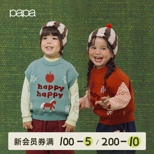 papa春季 儿童马甲新品 男女童小马提花针织内搭保暖背心 新年