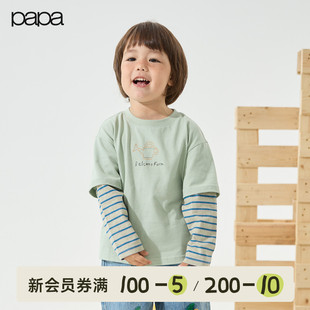 papa爬爬秋季 儿童t恤长袖 男女童假两件纯棉百搭休闲上衣 新品