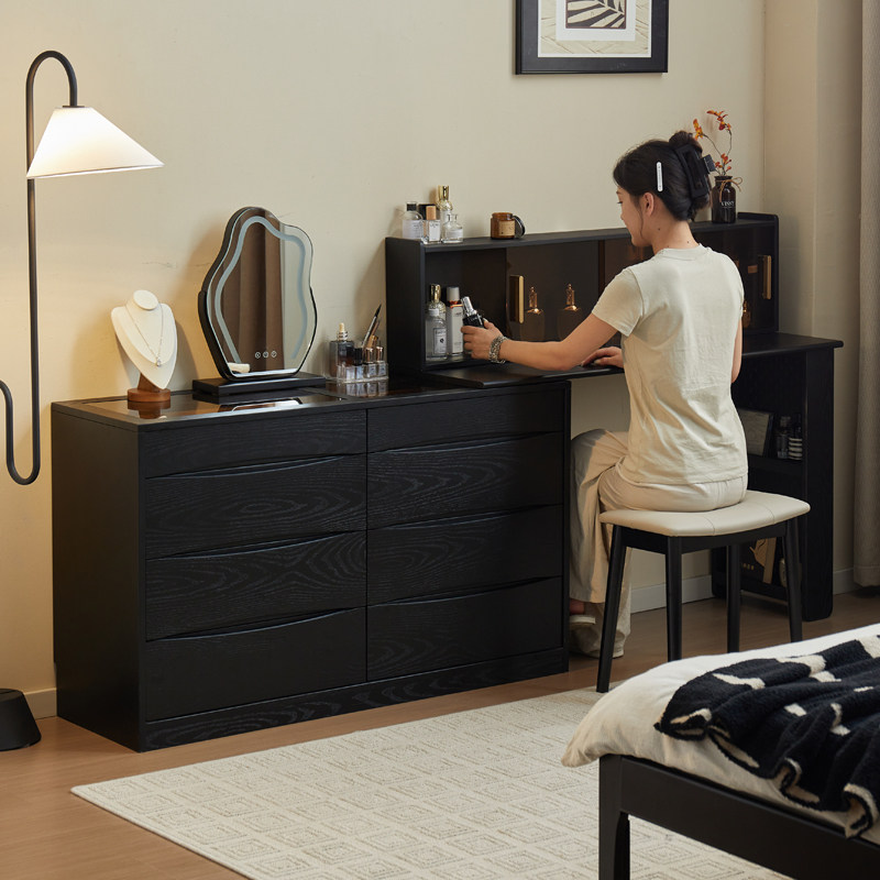 实木化妆桌梳妆台斗柜一体化妆镜收纳小户型卧室黑色储物2025新款