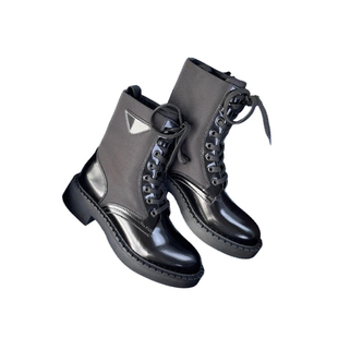 牛皮尼龙拼接厚底系带马丁靴女秋冬女单靴三角标套脚中筒靴机车靴