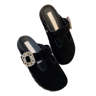 水钻方扣凉拖鞋女厚底半拖穆勒鞋包头勃肯鞋一脚蹬外穿平底懒人拖