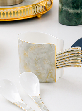 轻奢描金骨瓷勺子笼勺架家用餐桌调羹收纳盒陶瓷叉勺筒筷子筒摆件