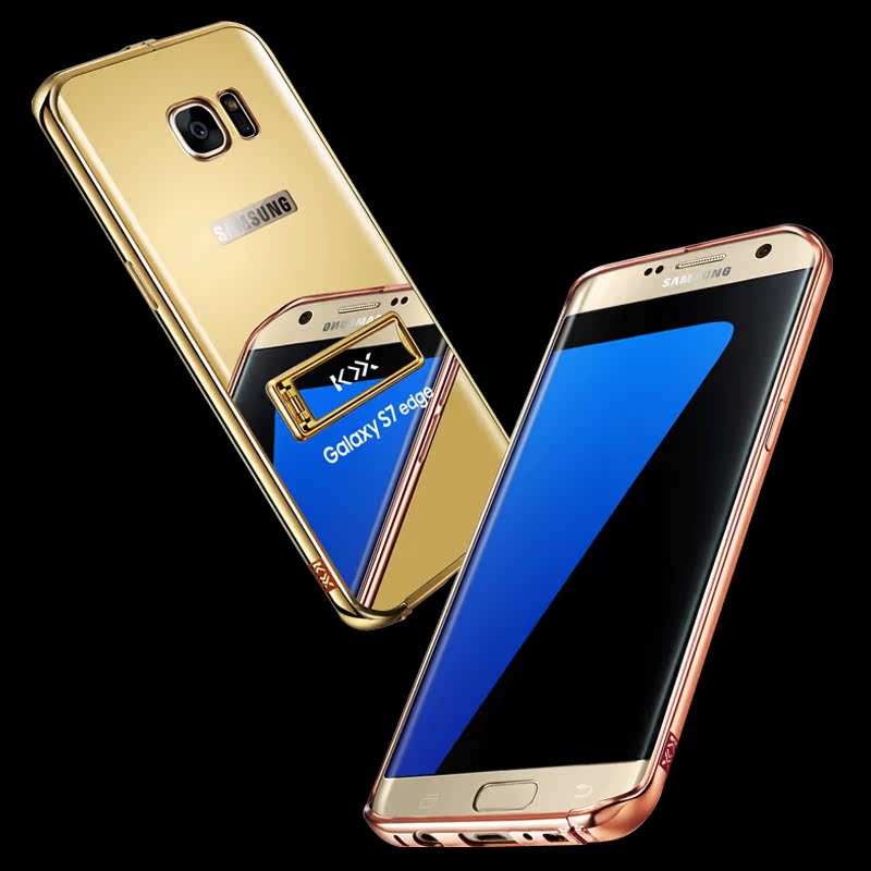 KXX Luxury Electroplate Stainless Steel Metal Bumper Acrylic Mirror Back Cover Case with Kickstand for Samsung Galaxy S7 Edge