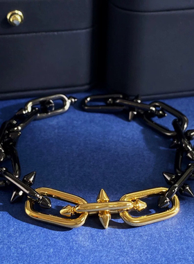 欧美夸张个性粗柳钉手链潮男摇滚朋克机车风金黑间色镶钻手链手饰