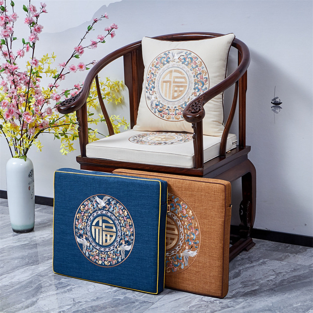 新中式麻布鹤红木沙发实木椅凳罗汉床靠垫中国风刺绣耐磨防滑