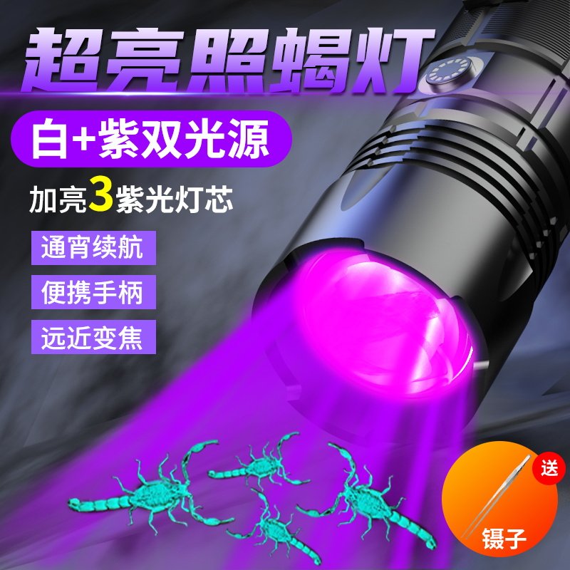 双光源蝎子灯充电手提手电筒超亮户外照蝎强光紫光专用灯超长续航