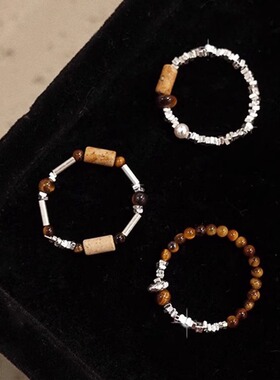 韩国2026新款焦糖拿铁虎眼石戒指女轻奢高级感弹力绳食指戒手饰品