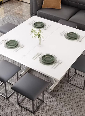 多功能升降茶几餐桌两用一体式小户型方形家用多功能折叠岩板伸缩