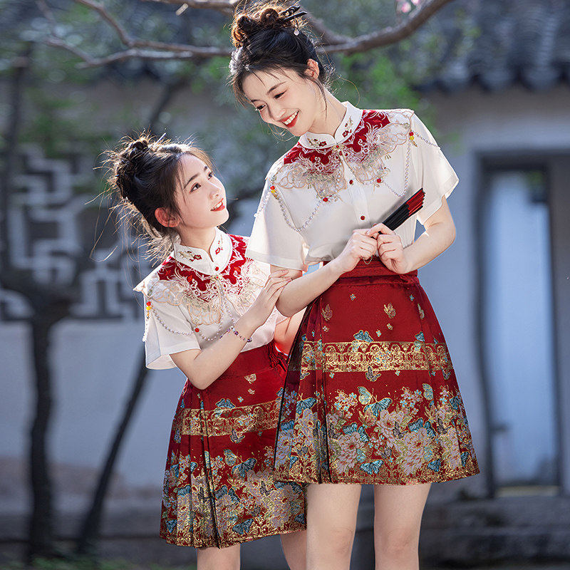 女童马面裙套装春夏2026新款儿童新中式短裙汉服母女亲子装演出服