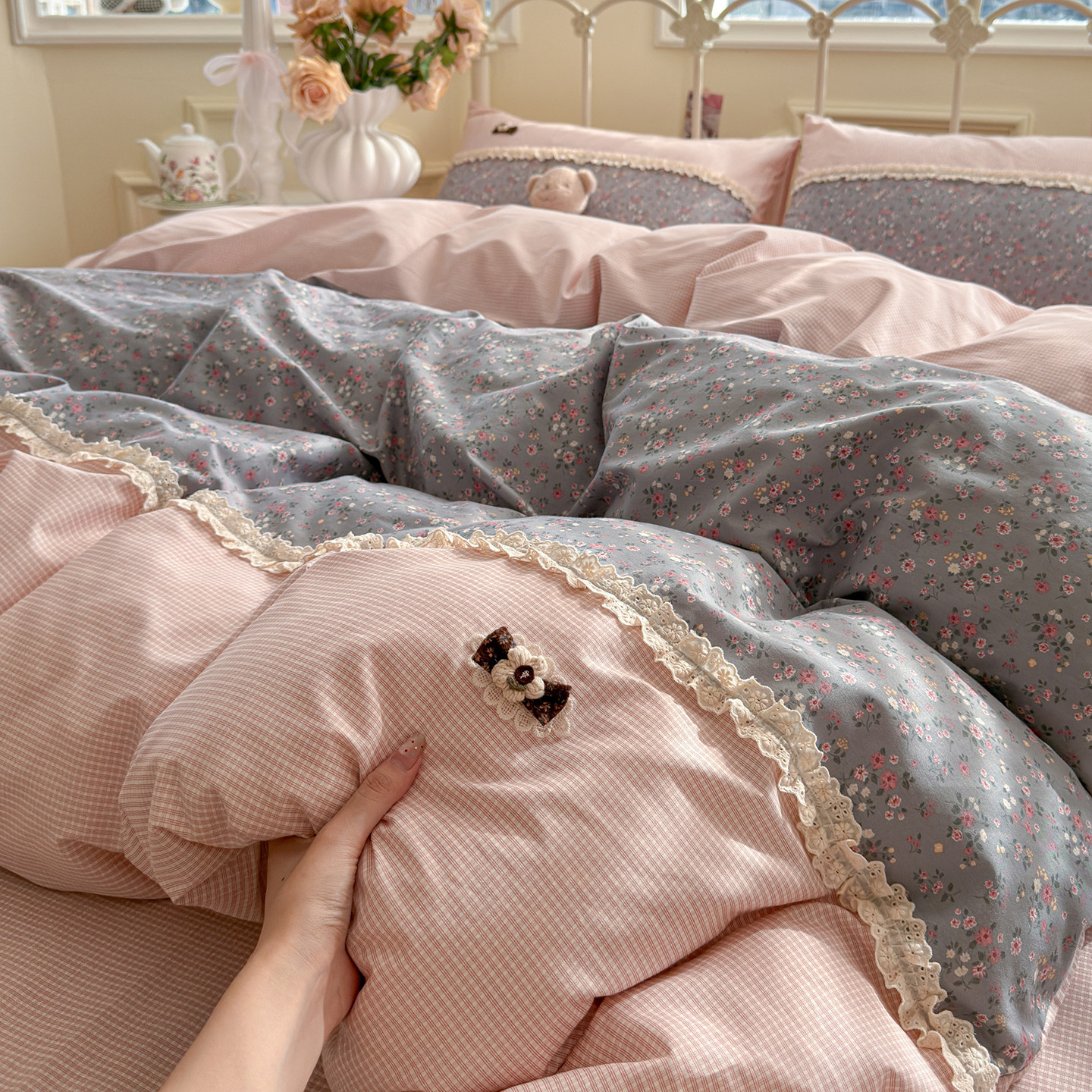 全棉田园小碎花拼接被套四件套纯棉双人床上用品床单床裙床笠可选