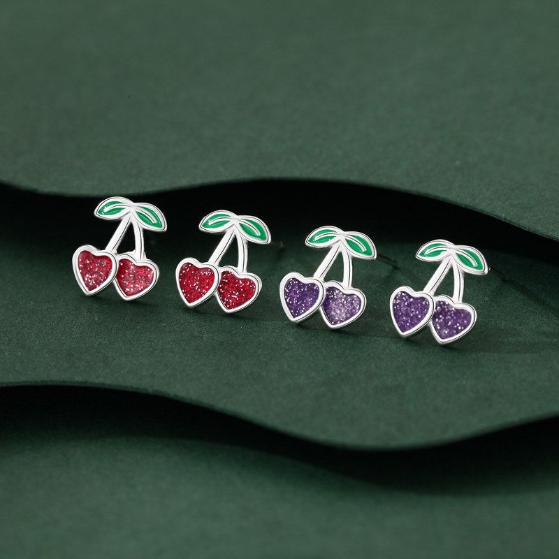 S999纯银足银樱桃耳钉女爱心气质甜美可爱耳环小清新养耳洞耳饰品