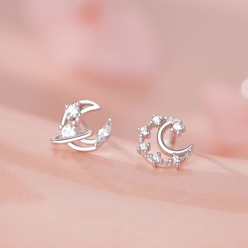 足银S999纯银耳钉月亮星球耳钉梦幻自然ins气质韩风少女心