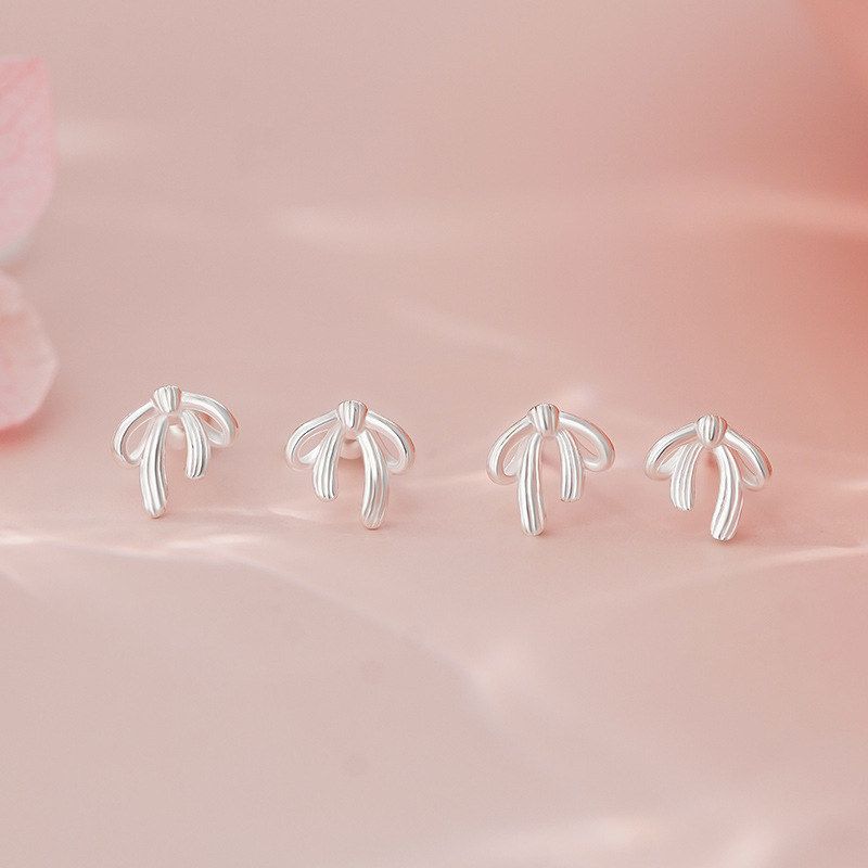 足银S999蝴蝶结直针螺丝耳钉公主甜美气质优雅韩风温柔耳饰