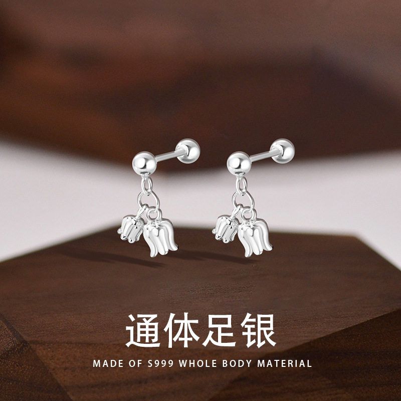 s999足银小众甜美磨砂铃兰花蝴蝶结耳钉女纯银高级感轻奢气质耳饰