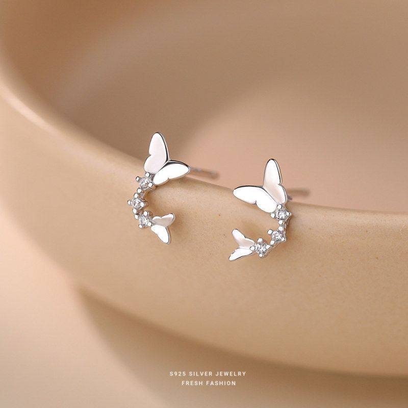 S925纯银蝴蝶耳钉女简约气质小清新耳环小众设计轻奢高级感耳环
