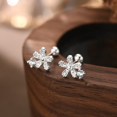 999纯银耳钉养耳洞耳饰女潮镶锆花朵耳环高级感轻奢睡觉免摘足银