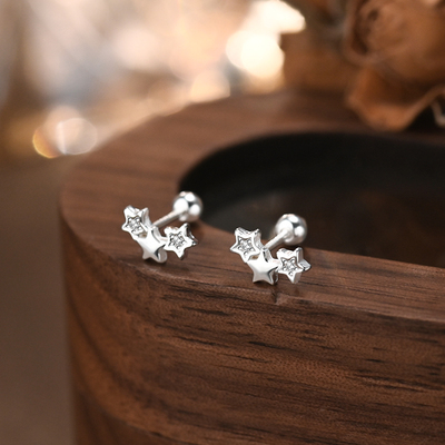 999纯银耳钉女星星耳环耳骨钉睡觉免摘养耳洞耳饰高级感足银防掉