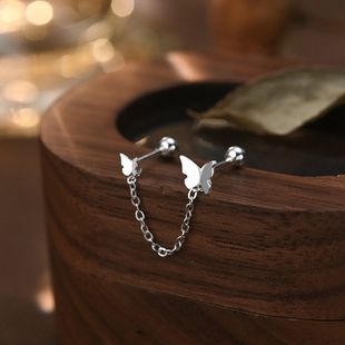 清新甜美双耳洞蝴蝶足银耳环养耳洞气质耳线耳饰 999纯银耳钉女款