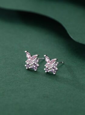 S999纯银足银薰衣草紫色锆石蝴蝶耳钉女小清新森系精致耳环耳饰品