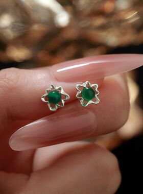 s999纯银复古镂空花朵耳钉女祖母绿色国风精致耳饰品气质小巧