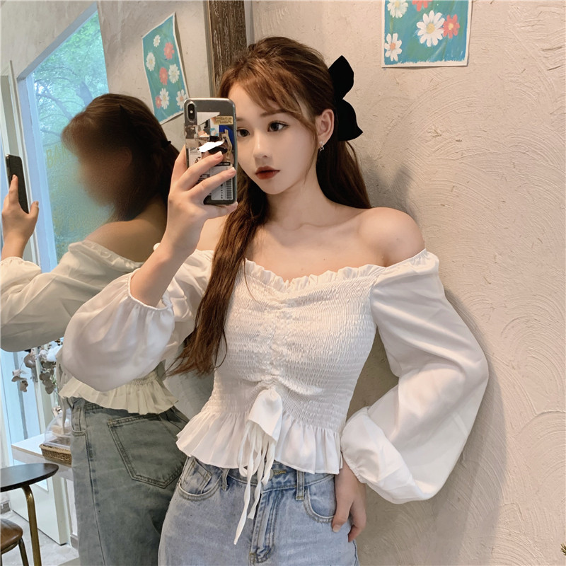 可可里小姐~2020新款显瘦气质方领木耳边短款抽绳皱褶长袖衬衫|msdalam kategori Butik wanita / wanita, shirt - dari Buy2taobao.com untuk memberikan perkhidmatan ejen Taobao profesional membeli