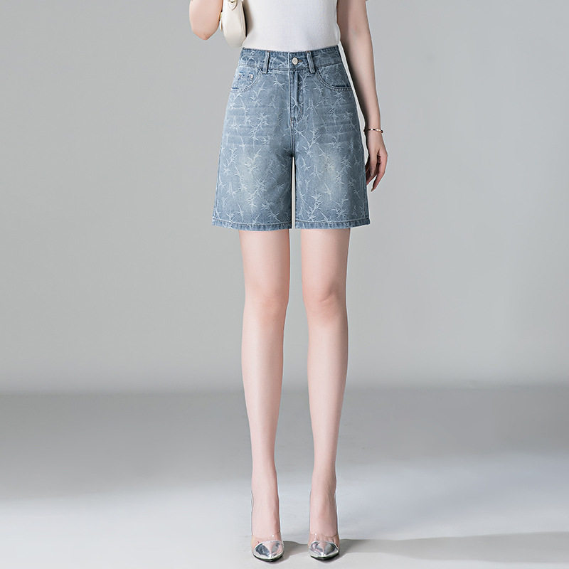 时尚刺绣牛仔短裤女夏季2026新款高腰宽松薄款裤子a字阔腿五分裤