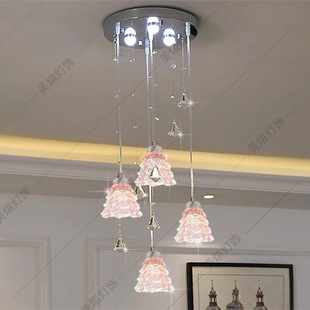 2026新款轻奢水晶四头餐厅灯吊灯现代三头饭桌灯过道楼梯灯具粉色