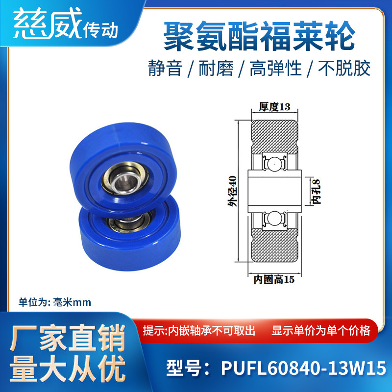 PUFL60840-13W15聚氨酯福莱轮流利条滑轮非标608包胶轴承