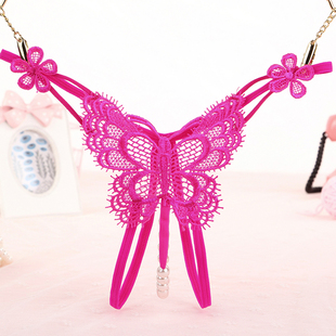 开叉免脱丁字裤 头 镂空蝴蝶情调内衣女生低腰诱惑珍珠内裤 性感内裤