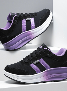 睿登反绒皮网布透气女鞋运动休闲鞋厚底摇摇鞋旅游鞋2026春季新款