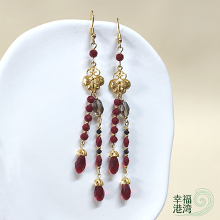 金色蝴蝶黑红水滴水晶汉服古风长款女子夜归猫公耳环无耳洞耳夹坠