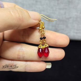 金色黑红水滴水晶汉服旗袍马面裙配饰日常精致女子夜归耳环夹坠