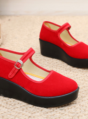 松糕厚底老北京布鞋女大红色跳舞鞋轻便防滑工作鞋一代方口礼仪鞋