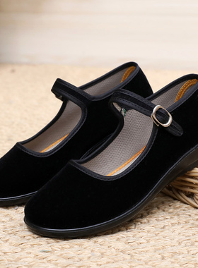春季北京布鞋女士工作鞋女鞋黑色一字平底鞋妈妈舒适软底广场舞鞋
