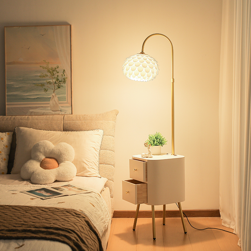 雙層抽屜床頭柜帶燈落地臺燈一體