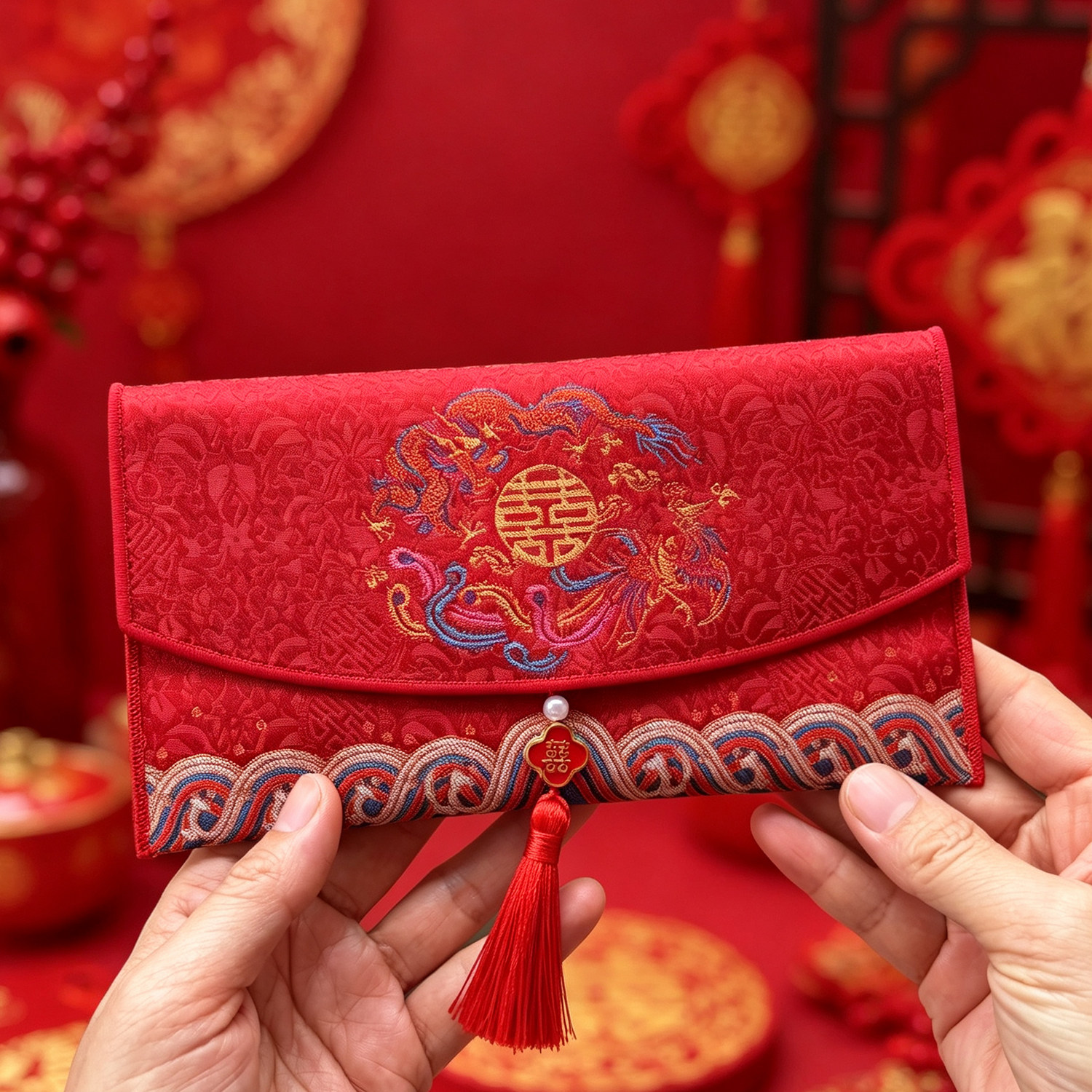 中式婚礼双喜字锦缎利是封图片