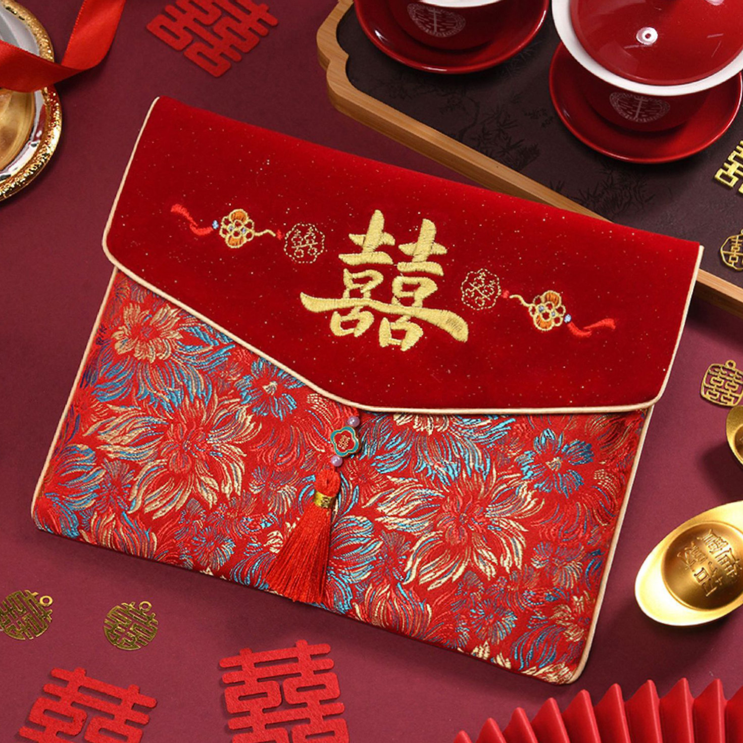 新中式织锦缎喜字翻盖磁吸扣红包袋结婚订婚专用送礼金包4万-6万