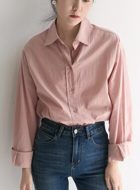 XINER 粉色衬衫女上衣小个子早秋新中式宽松长袖通勤面试衬衣气质