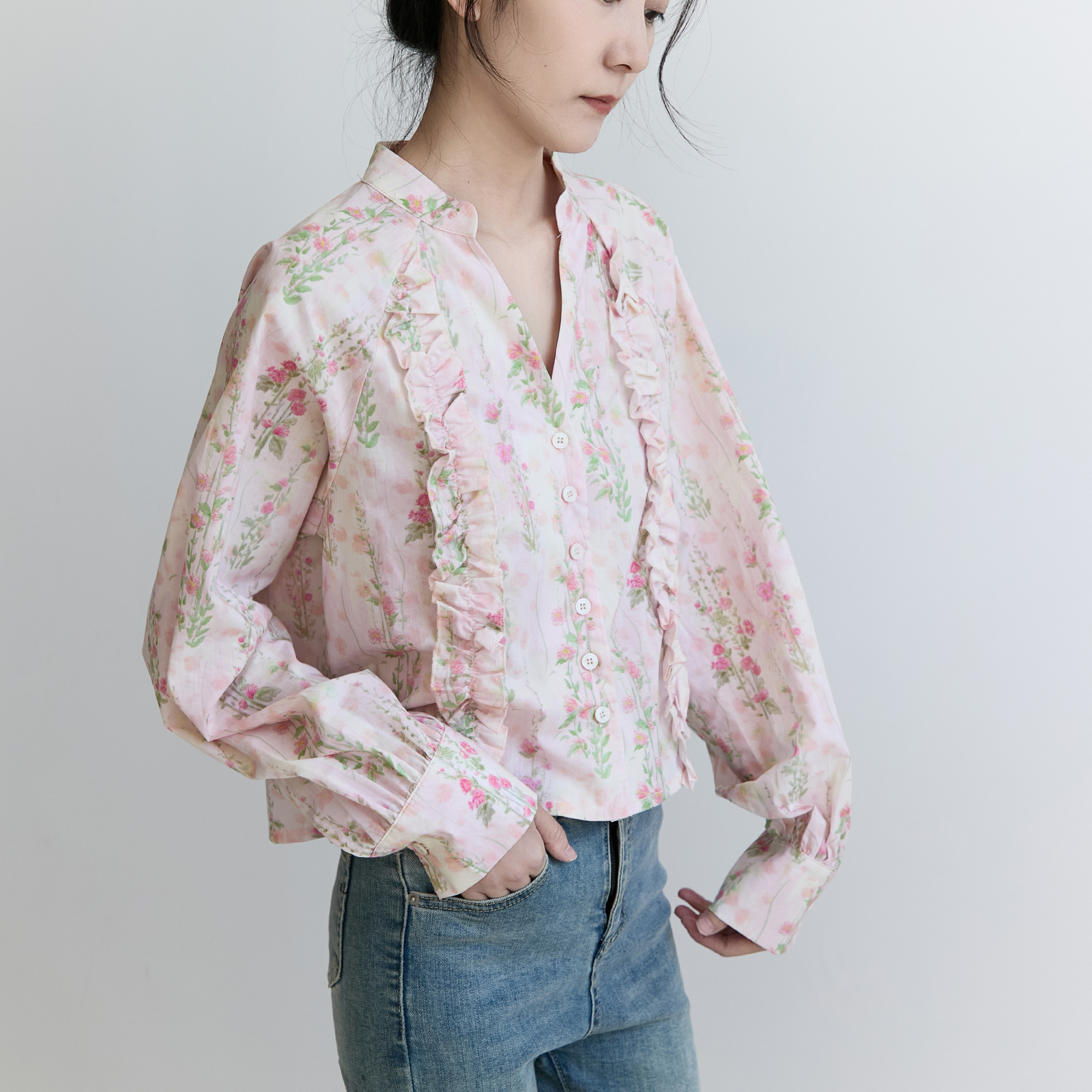 宽松少女风长袖碎花衬衫上衣