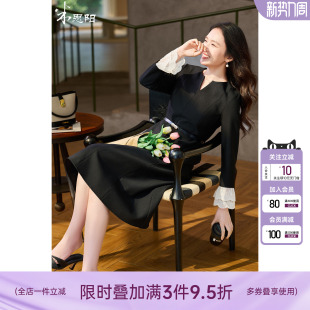 口收腰显瘦通勤连衣裙 赫本风小黑裙V领蕾丝袖 米思阳2026春季 新款