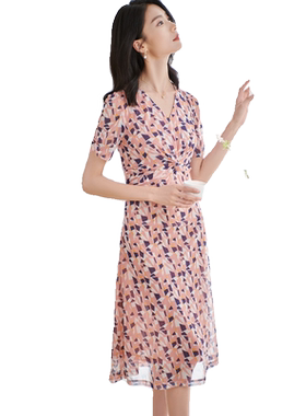 米思阳2026夏季新款时尚别致短袖连衣裙定制印花V领显瘦女款A字裙
