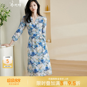 米思阳2025春季新款100%桑蚕丝印花a字裙子温柔淑女V领连衣裙0670