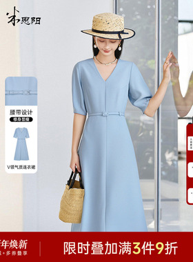 米思阳2025夏季新款时尚简约休闲连衣裙V领收腰通勤裙子女士1735