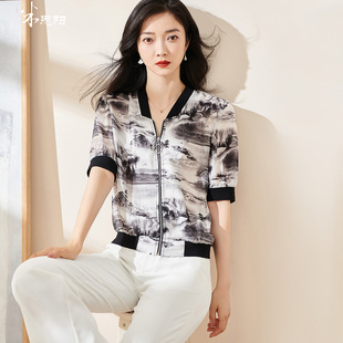 米思陽2023夏季 氣質復古山水畫短袖 上衣顯瘦薄款 短外套女1221 新款