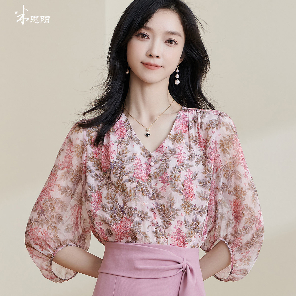 100%桑蚕丝衬衫米思阳2026夏季新款淑女泡泡袖碎花小衫真丝上衣女